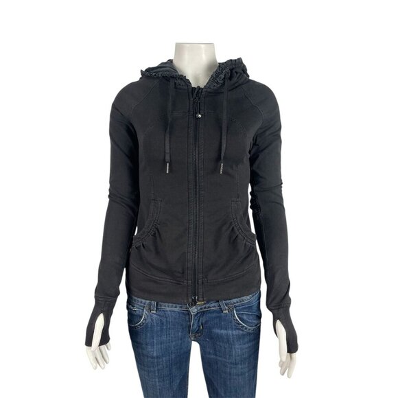 Lululemon Back to Class Jacket Size 2 Black Full Zip Ruffle Hood Thumbholes Hood - Picture 1 of 7